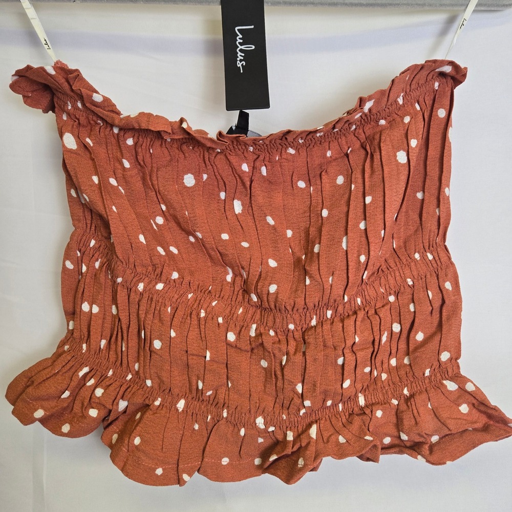 Lulus Strolling Through Summer Rust Red Polka Dot Smocked Tube Top,‎ Small, NEW